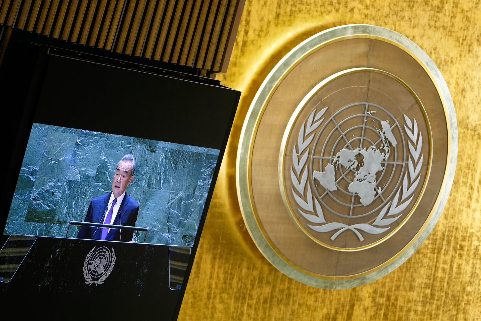 China's Minister for Foreign Affairs Wang Yi addresses the 79th session of the United Nations General Assembly, Saturday, Sept. 28, 2024. (AP Photo/Pamela Smith)