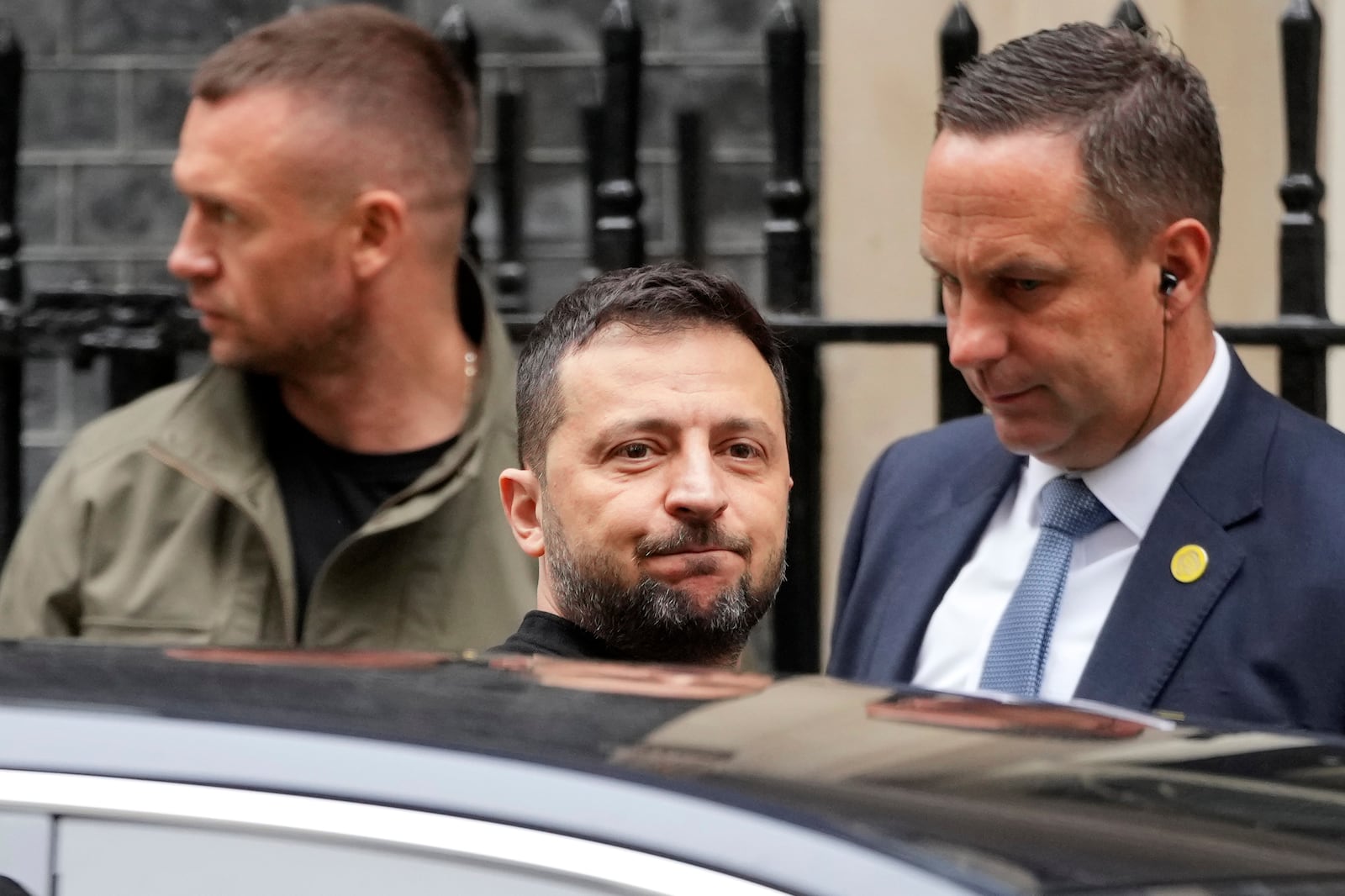 Ukrainian President Volodymyr Zelenskyy leaves 10 Downing Street after a meeting with Britain's Prime Minister Keir Starmer and NATO Secretary General Mark Rutte in London, Thursday, Oct. 10, 2024.(AP Photo/Kin Cheung)