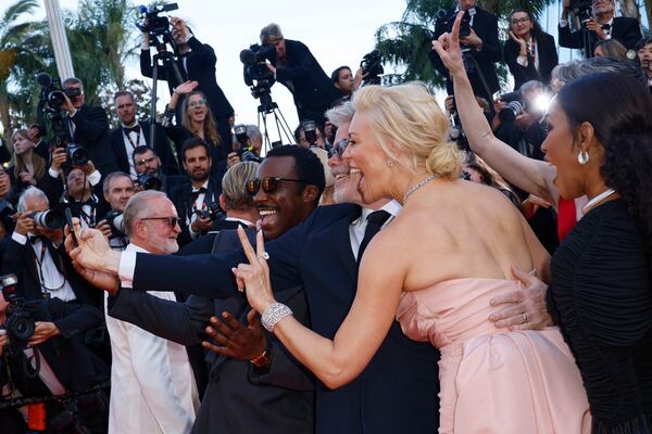 Tramell Tillman, from left, director Christopher McQuarrie, Hannah Waddingham, and Angela Bassett take a selfie upon arrival for the premiere of the film 'Mission: Impossible - The Final Reckoning' at the 78th international film festival, Cannes, southern France, Wednesday, May 14, 2025. (Photo by Joel C Ryan/Invision/AP)