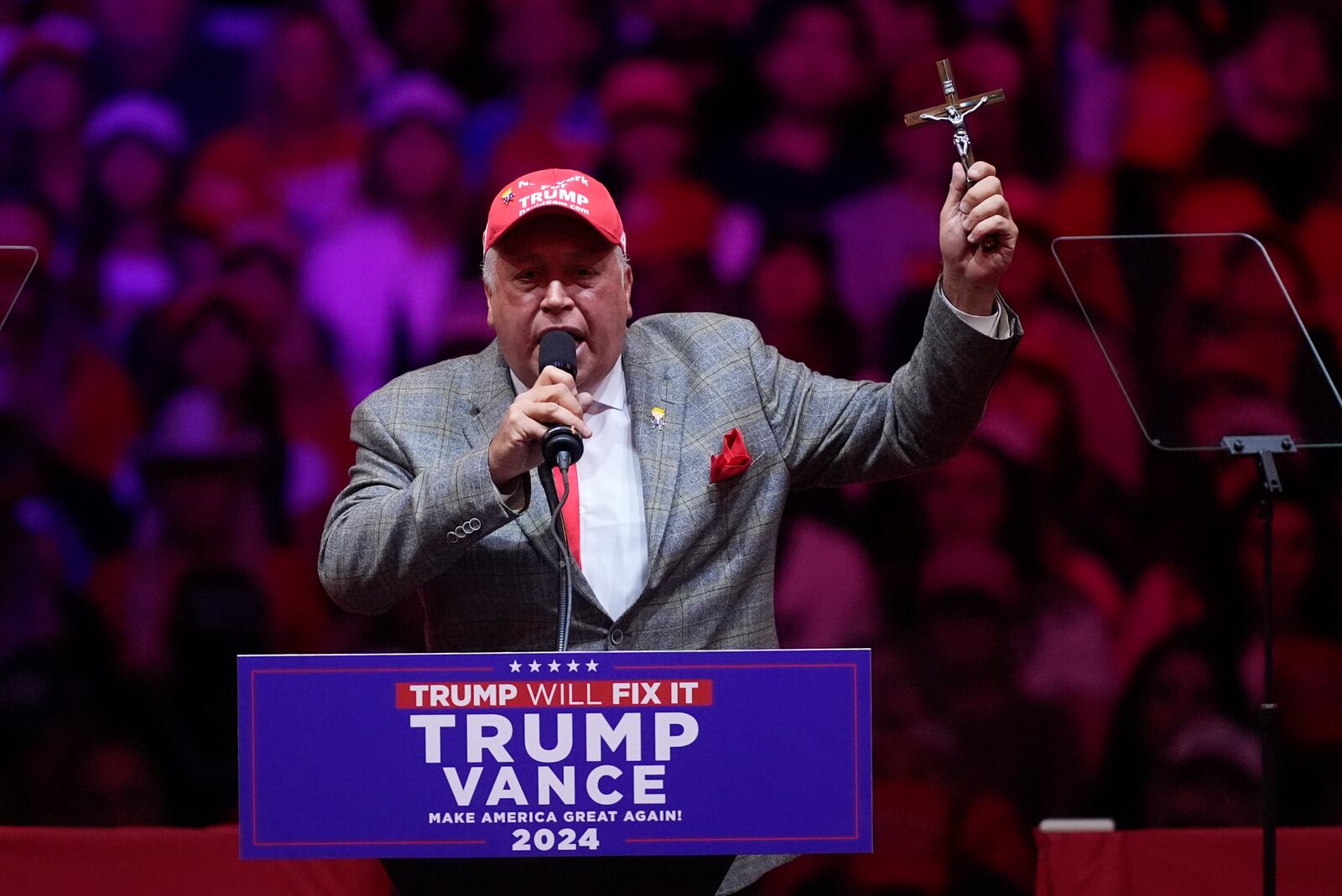 David Rem speaks before Republican presidential nominee former President Donald Trump at a campaign rally at Madison Square Garden, Sunday, Oct. 27, 2024, in New York. (AP Photo/Evan Vucci)