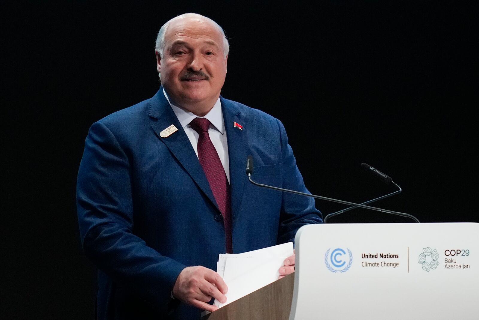 Belarus President Aleksandr Lukashenko speaks during a plenary session at the COP29 U.N. Climate Summit, Tuesday, Nov. 12, 2024, in Baku, Azerbaijan. (AP Photo/Rafiq Maqbool)