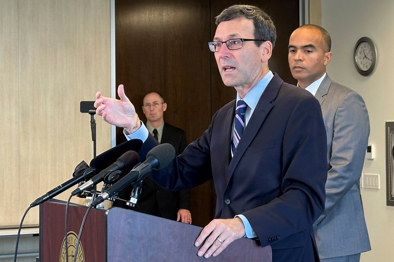 Washington Democratic Gov.-elect Bob Ferguson addresses the media during a news conference in Seattle on Thursday, Nov. 7, 2024, as Attorney General-elect Nick Brown looks on. (AP Photo/Gene Johnson)