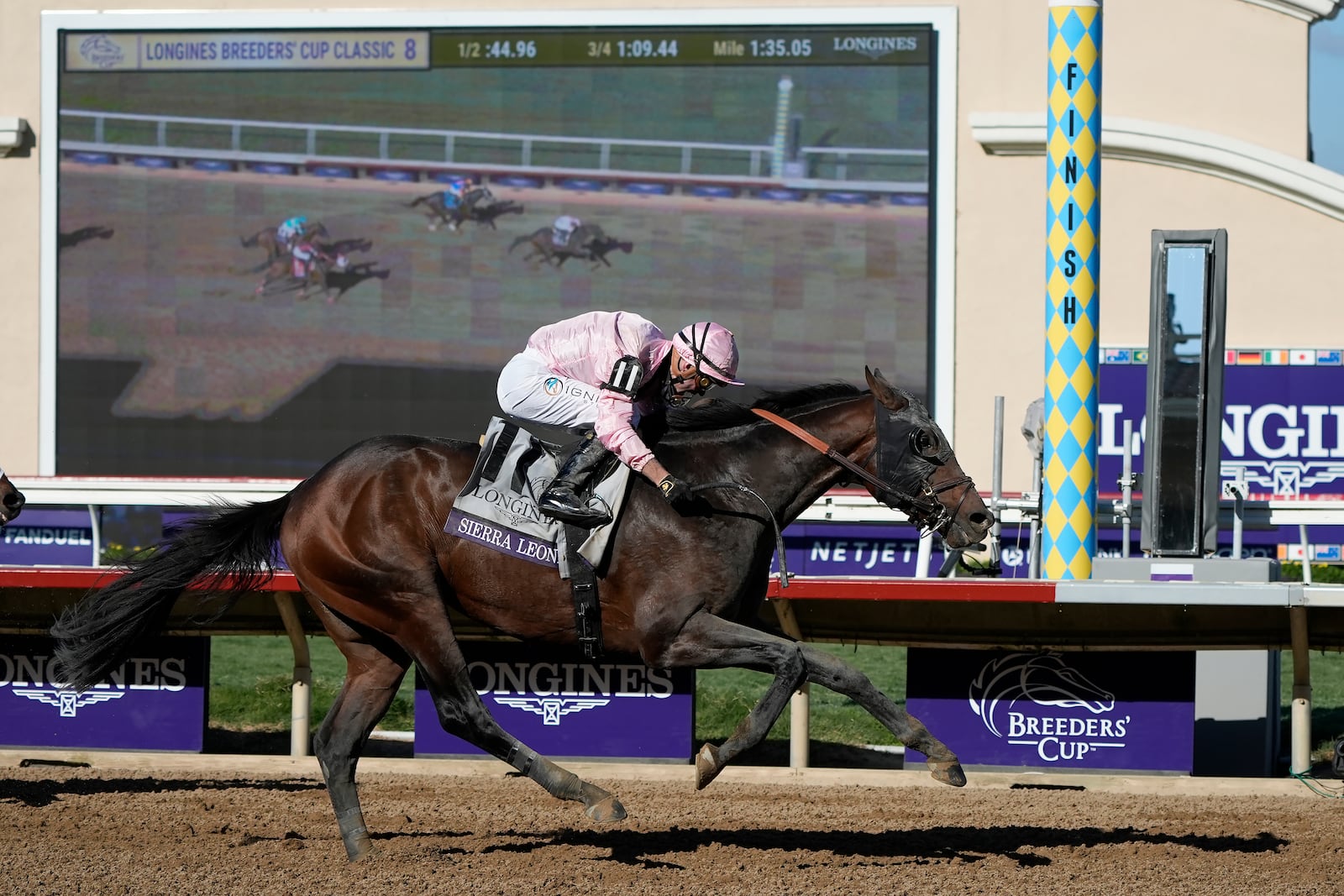 Flavien Prat rides Sierra Leone to victory in the Breeders' Cup Classic horse race in Del Mar, Calif., Saturday, Nov. 2, 2024. (AP Photo/Gregory Bull)