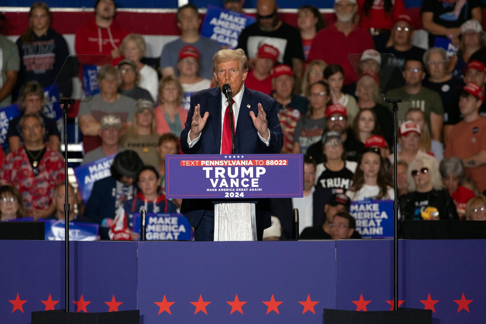 Republican presidential nominee former President Donald Trump speaks during a campaign rally at Bayfront Convention Center in Erie, Pa., Sunday, Sept. 29, 2024. (AP Photo/Rebecca Droke)