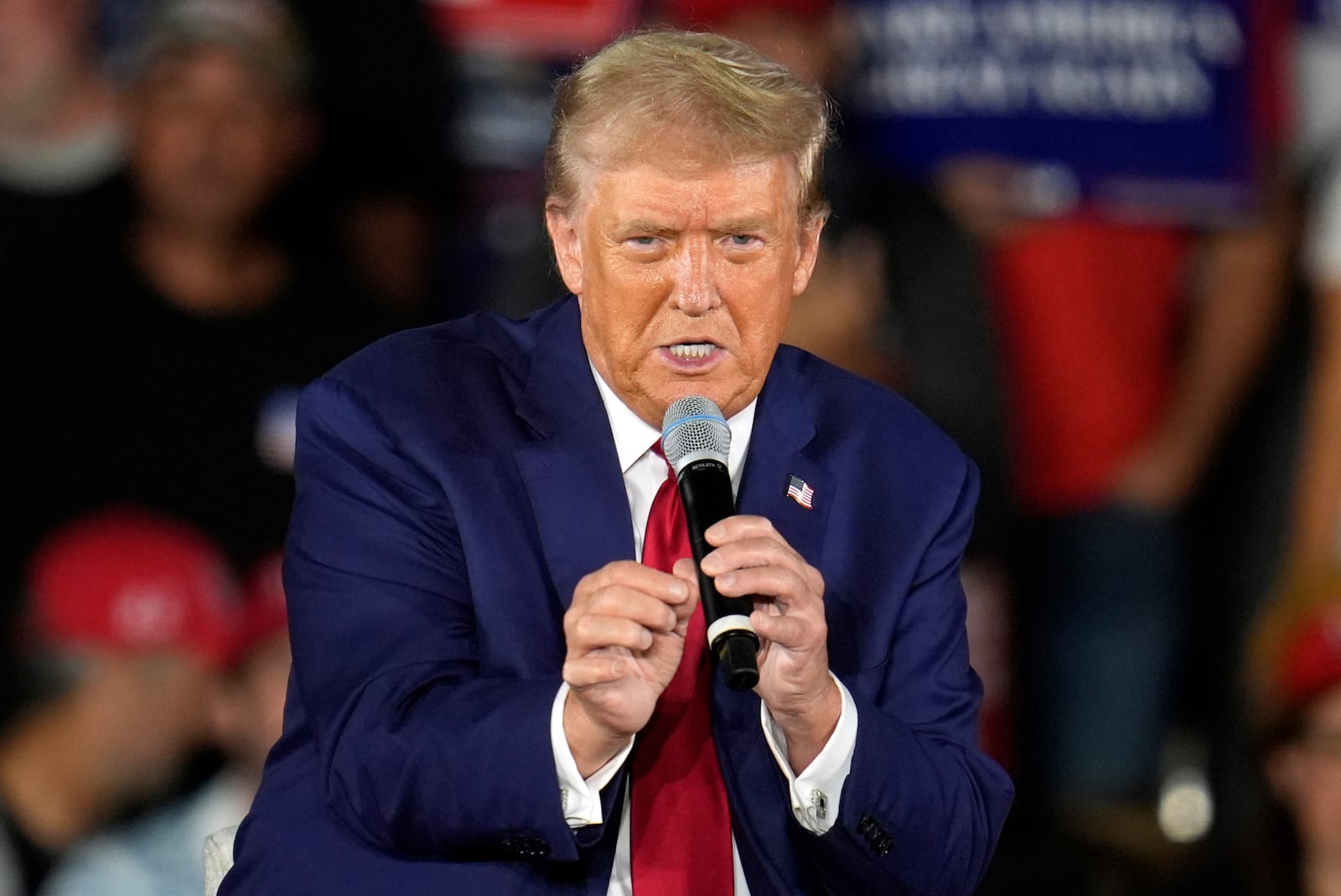 Republican presidential nominee former President Donald Trump speaks at a town hall event at Macomb Community College Friday, Sept. 27, 2024, in Warren, Mich. (AP Photo/Paul Sancya)