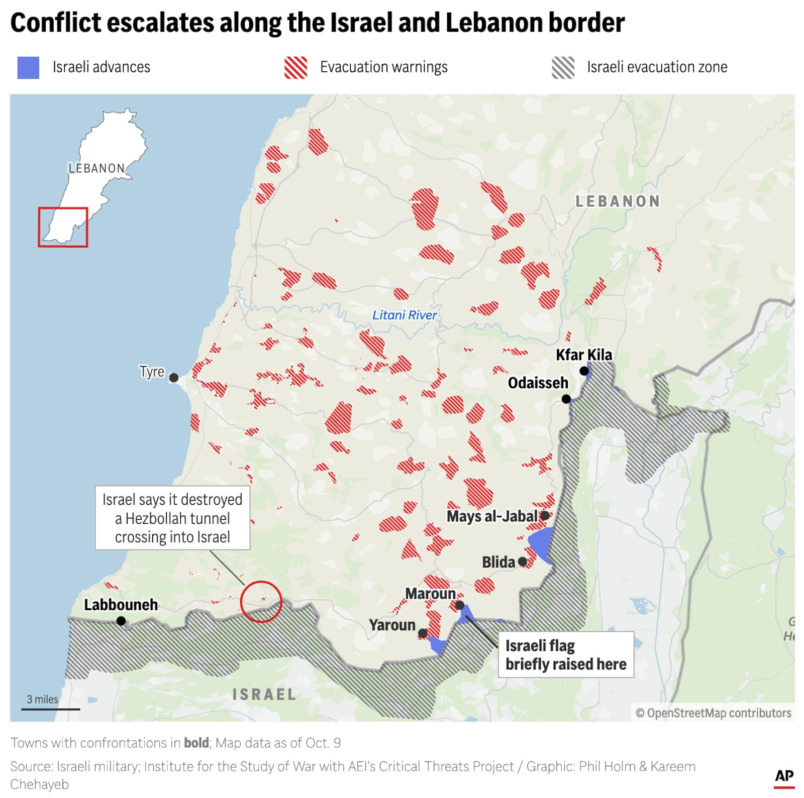 The map above locates the evacuation warnings and the areas of Israeli advances within Lebanon. (AP Digital Embed)