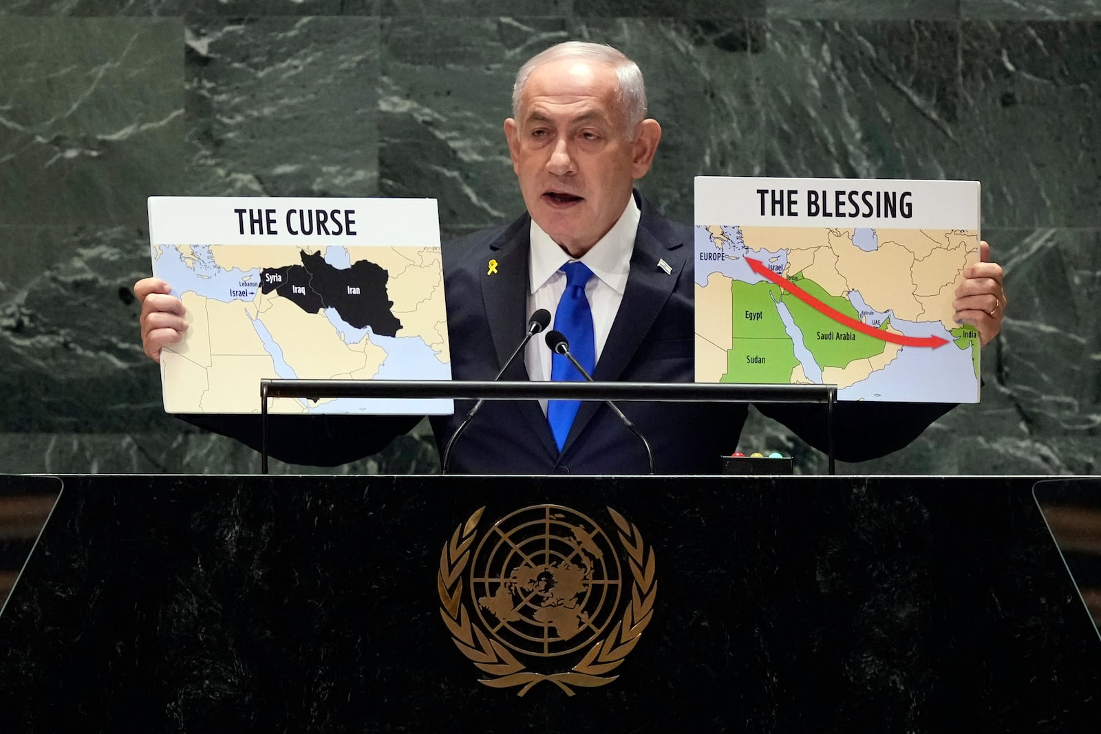 Israel Prime Minister Benjamin Netanyahu addresses the 79th session of the United Nations General Assembly, Friday, Sept. 27, 2024. (AP Photo/Richard Drew)