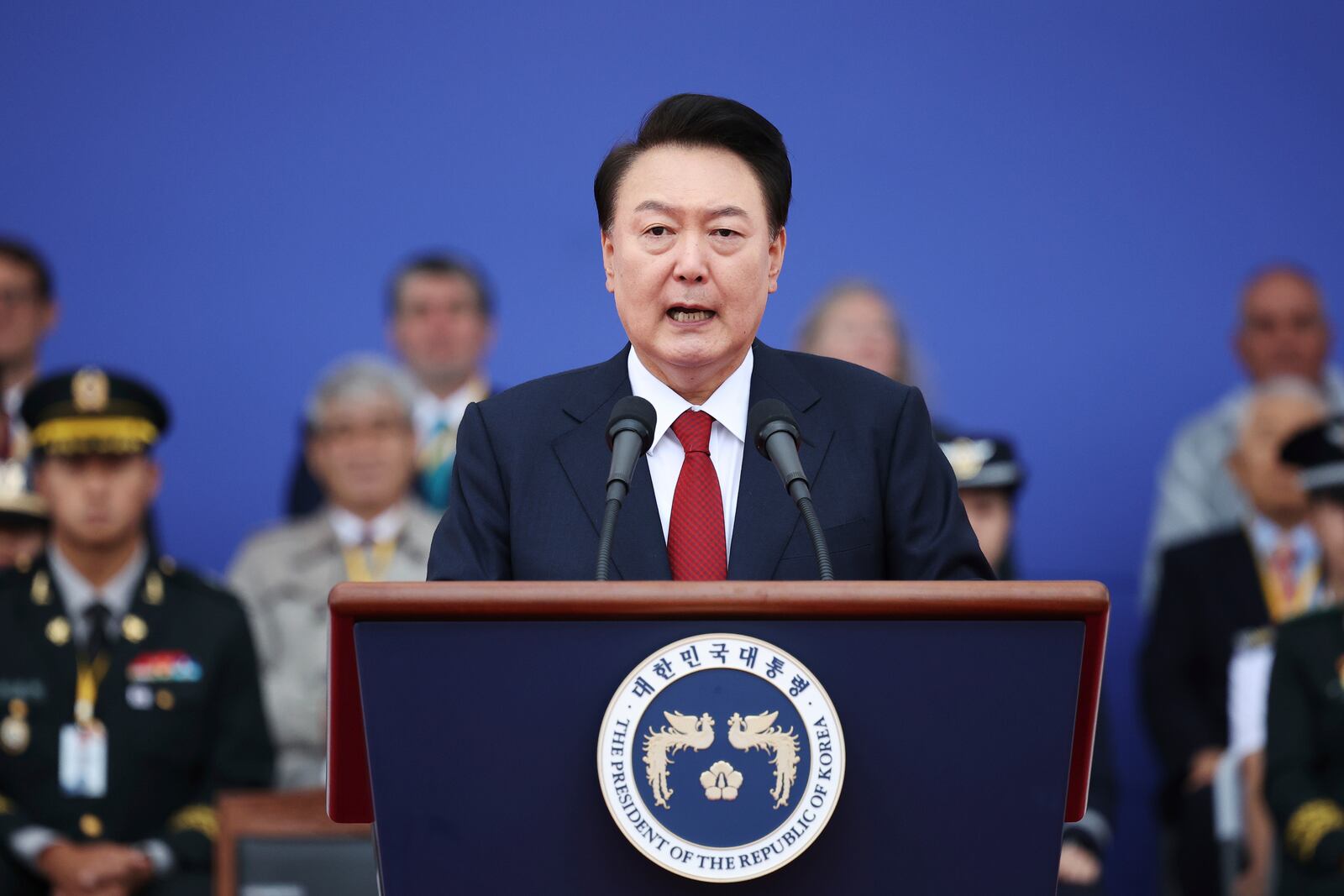 FILE - South Korean President Yoon Suk Yeol delivers his speech during a celebration to mark the 76th anniversary of Korea Armed Forces Day in Seongnam, South Korea, Tuesday, Oct. 1, 2024. (Kim Hong-Ji/Pool Photo via AP, File)