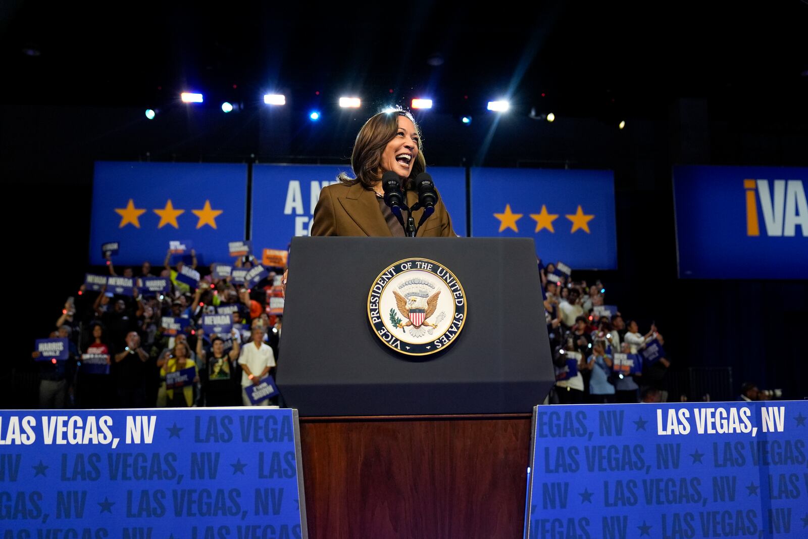 Democratic presidential nominee Vice President Kamala Harris speaks at a rally on Sunday, Sept. 29, 2024, in Las Vegas. (AP Photo/Carolyn Kaster)