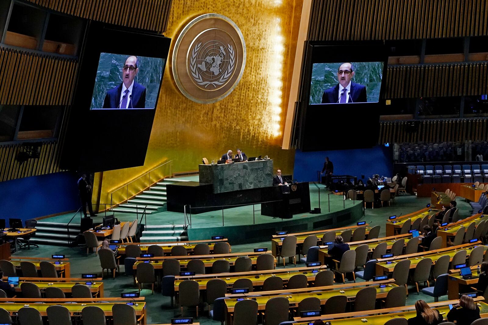 Syria Foreign Minister Bassam Sabbagh addresses the 79th session of the United Nations General Assembly, Monday, Sept. 30, 2024. (AP Photo/Richard Drew)