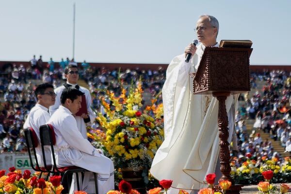 Pope Leo XIV, then Apostolic Administrator of Chiclayo Robert Prevost, preaches during a Corpus Christi celebration in a stadium in Chiclayo, Peru, Friday, June 19, 2015. (AP Photo/Julio Reano)