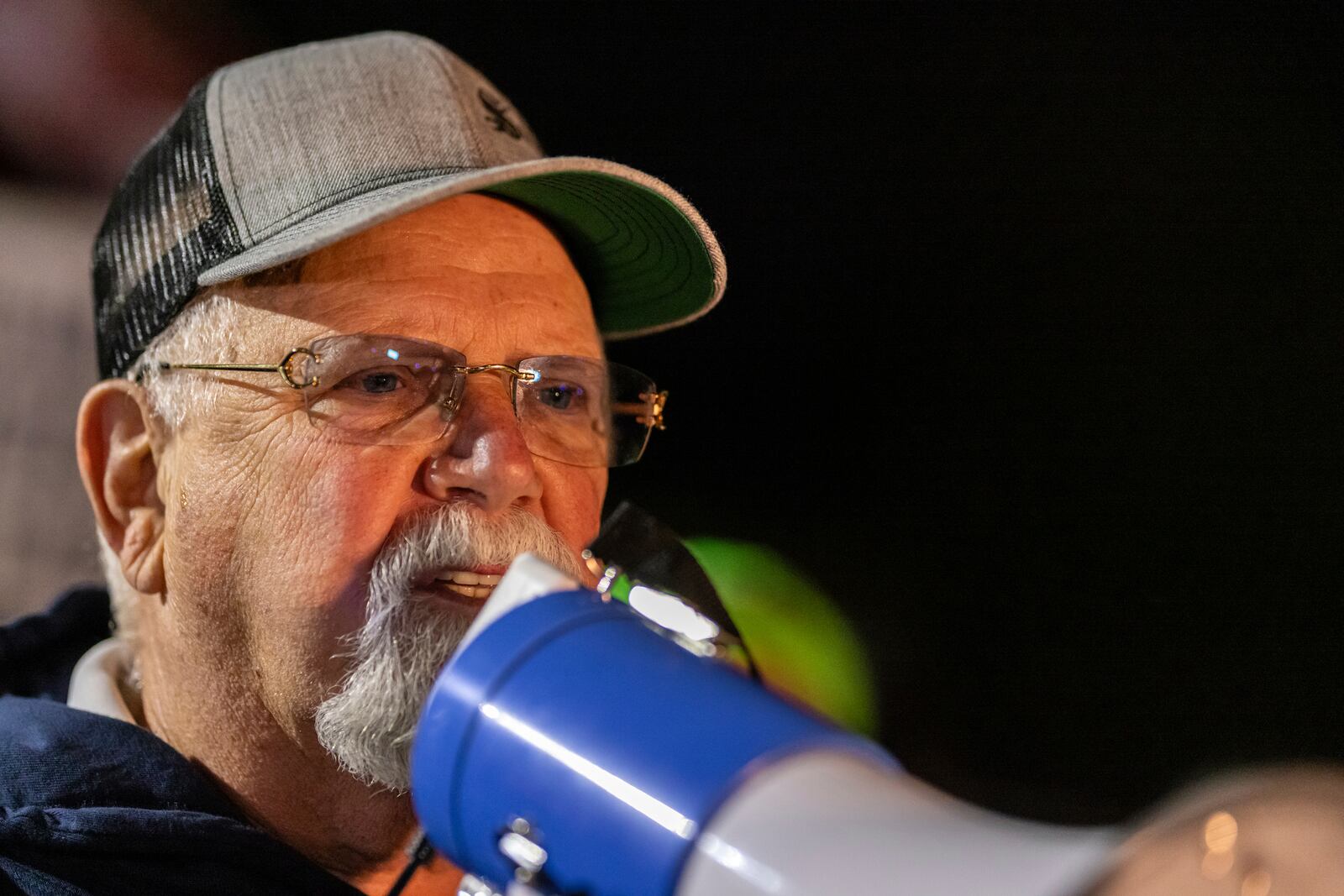 International Longshoreman's Association President, Harold J. Daggett speaks to union workers at the Port Newark/Elizabeth-Port Authority Marine Terminal complex on Tuesday Oct. 1, 2024 in New Jersey. (AP Photo/Stefan Jeremiah)