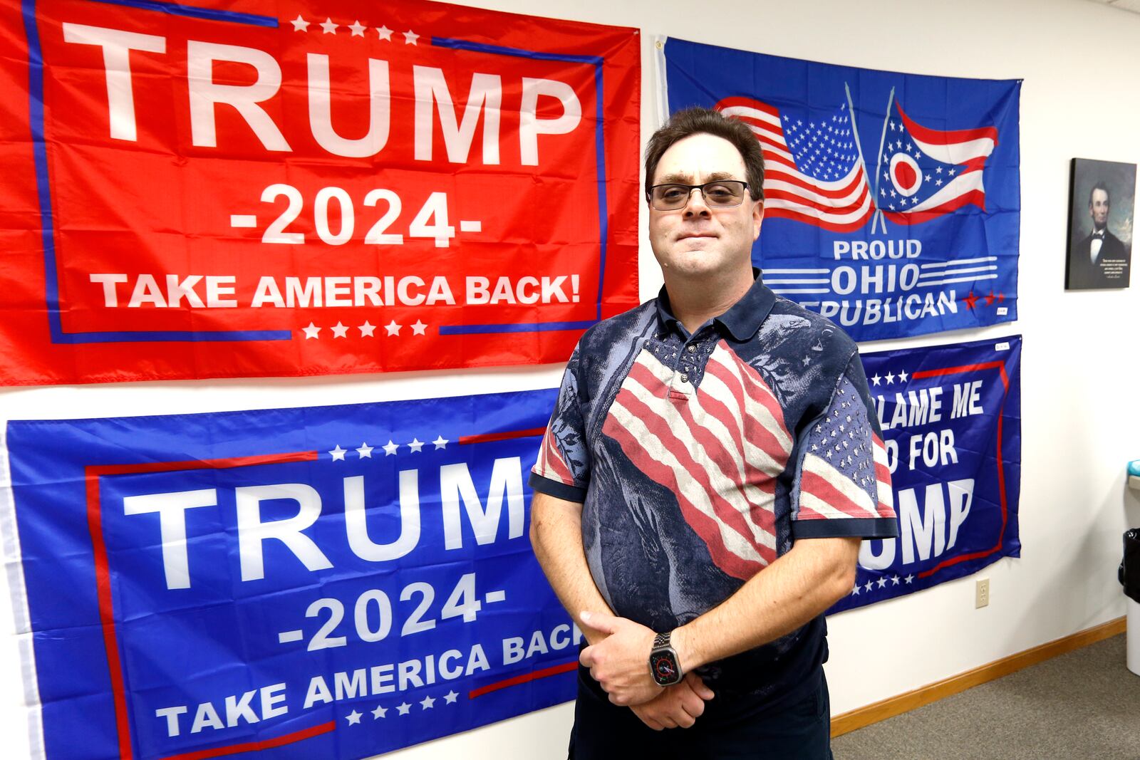 Doug Deepen, the chair of the Wayne County Republican Party in Ohio poses at the Wayne County Republican Party headquarters in Wooster, Ohio, Oct. 8, 2024. (AP Photo/Tom E. Puskar)