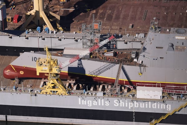 The USS Zumwalt is seen at the Huntington Ingalls shipyard in Pascagoula, Miss., Thursday, Nov. 21, 2024. (AP Photo/Gerald Herbert)