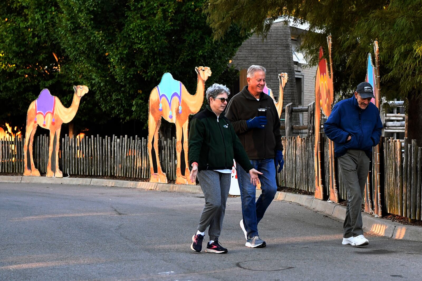 Members of the Get Healthy Walking Club walk the paths past the animal enclosures during the early morning at the Louisville Zoo in Louisville, Ky., Friday, Oct. 18, 2024. (AP Photo/Timothy D. Easley)