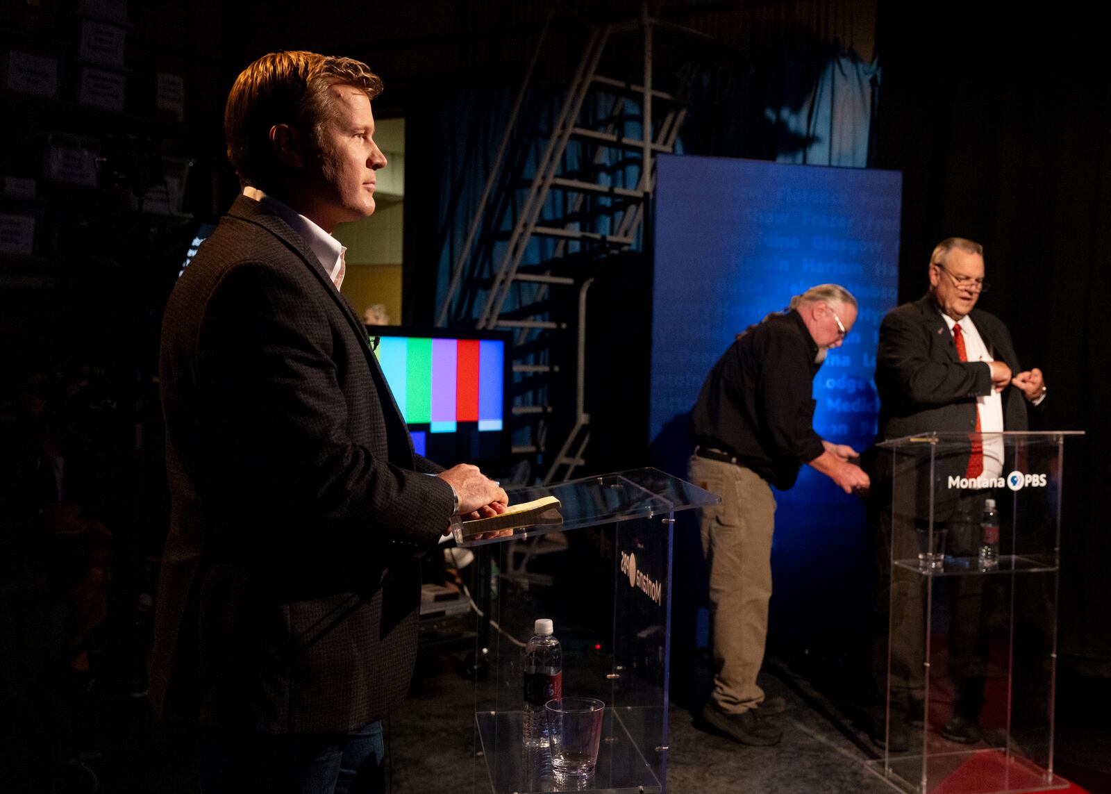 FILE - Tim Sheehy, left, prepares to debate U.S. Sen. Jon Tester, right, on campus at the University of Montana in Missoula, Mont., Sept. 30, 2024. (Ben Allan Smith/The Missoulian via AP, file)