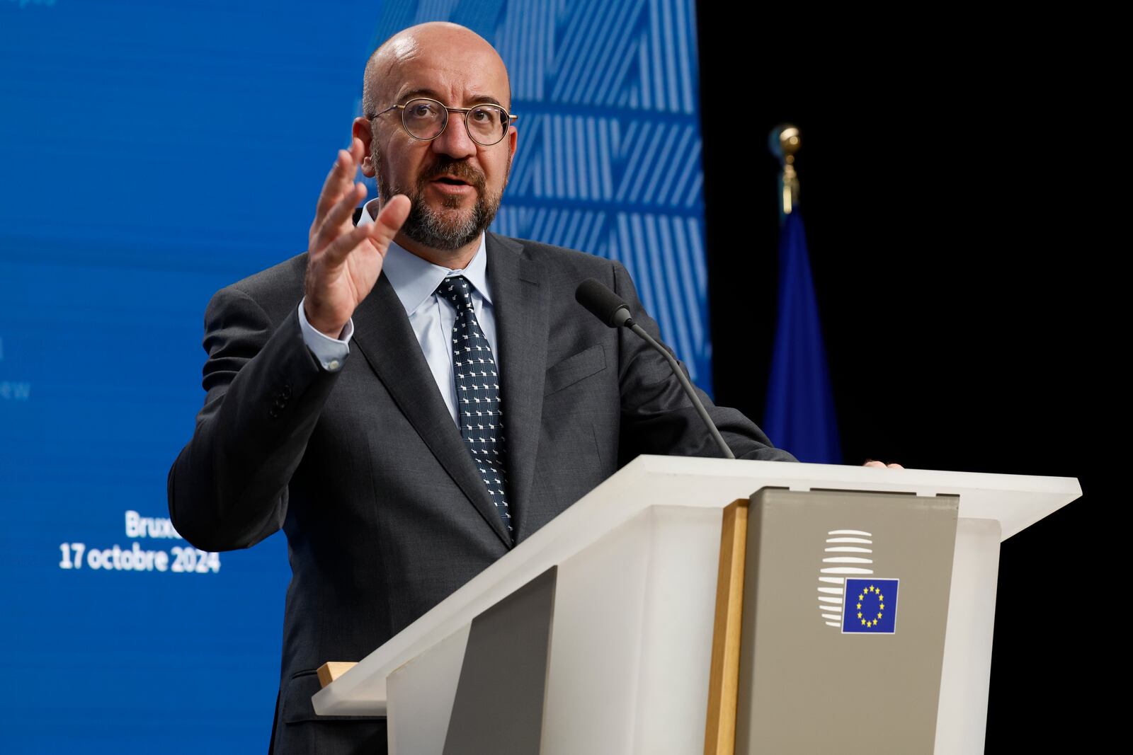 European Council President Charles Michel speaks during a media conference at an EU summit in Brussels, Thursday, Oct. 17, 2024. (AP Photo/Geert Vanden Wijngaert)