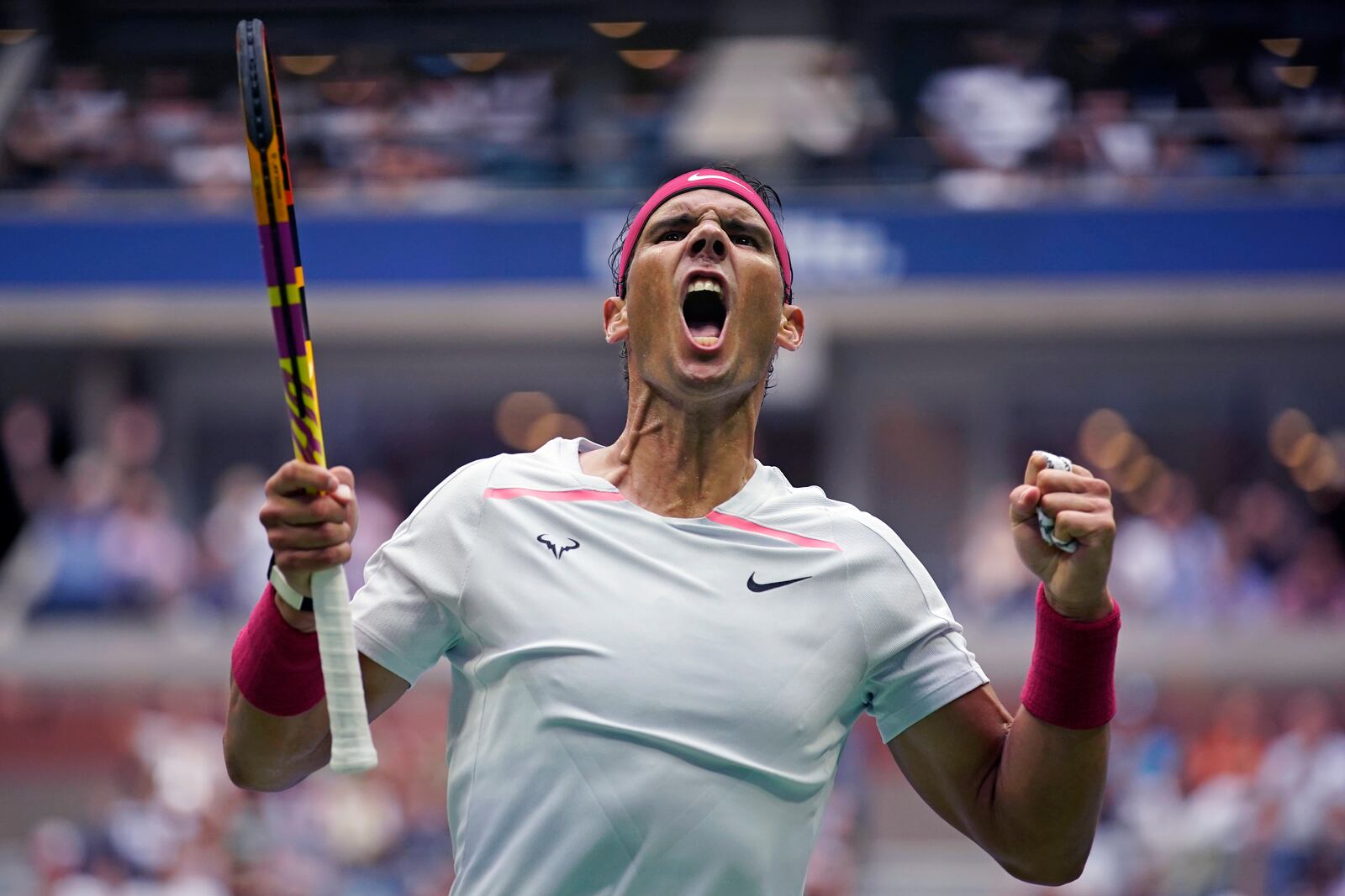 FILE - Rafael Nadal, of Spain, celebrates after winning a point against Frances Tiafoe, of the United States, during the fourth round of the U.S. Open tennis championships, Monday, Sept. 5, 2022, in New York., as he has announced he will retire from tennis at age 38 following the Davis Cup finals in November. (AP Photo/Eduardo Munoz Alvarez, File)