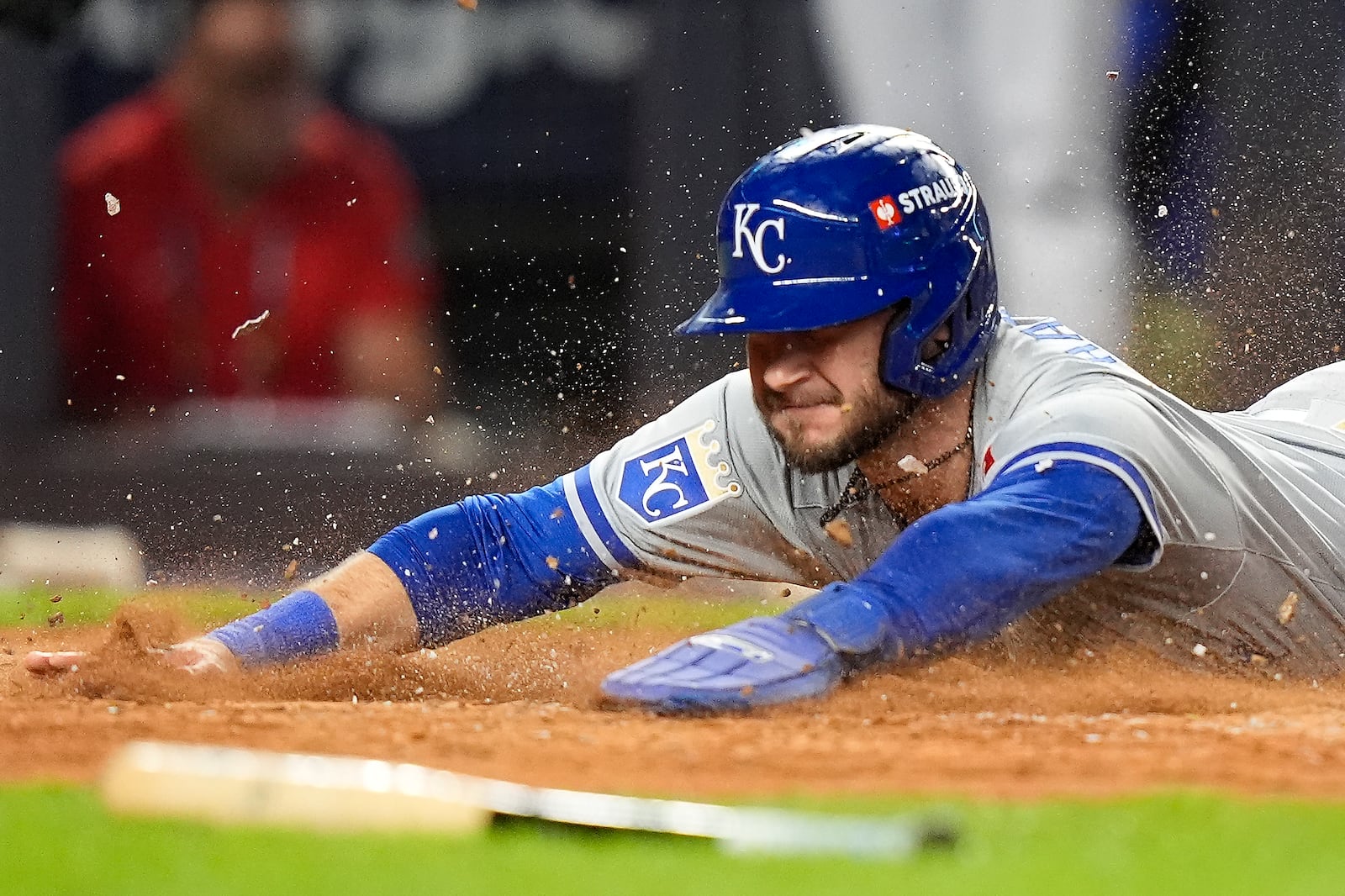 Kansas City Royals Garrett Hampson (2) scores on a hit against the New York Yankees during the fourth inning of Game 2 of the American League baseball playoff series, Monday, Oct. 7, 2024, in New York. (AP Photo/Frank Franklin II)