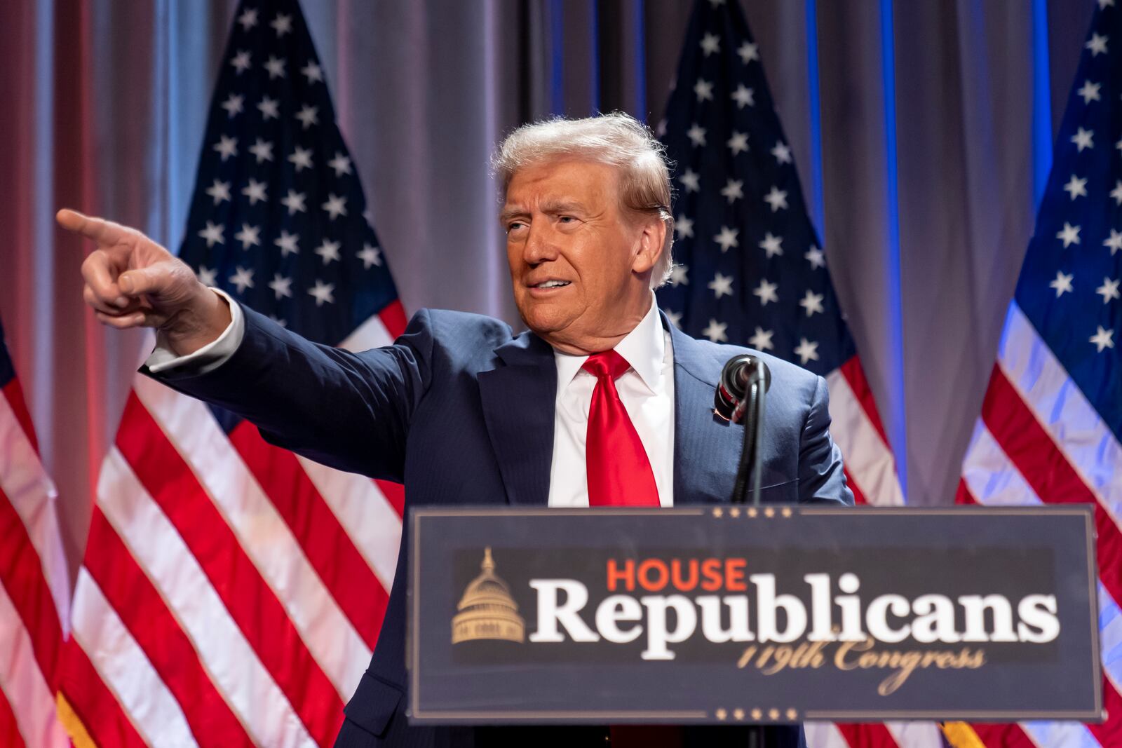 President-elect Donald Trump speaks at a meeting of the House GOP conference, Wednesday, Nov. 13, 2024, in Washington. (AP Photo/Alex Brandon)