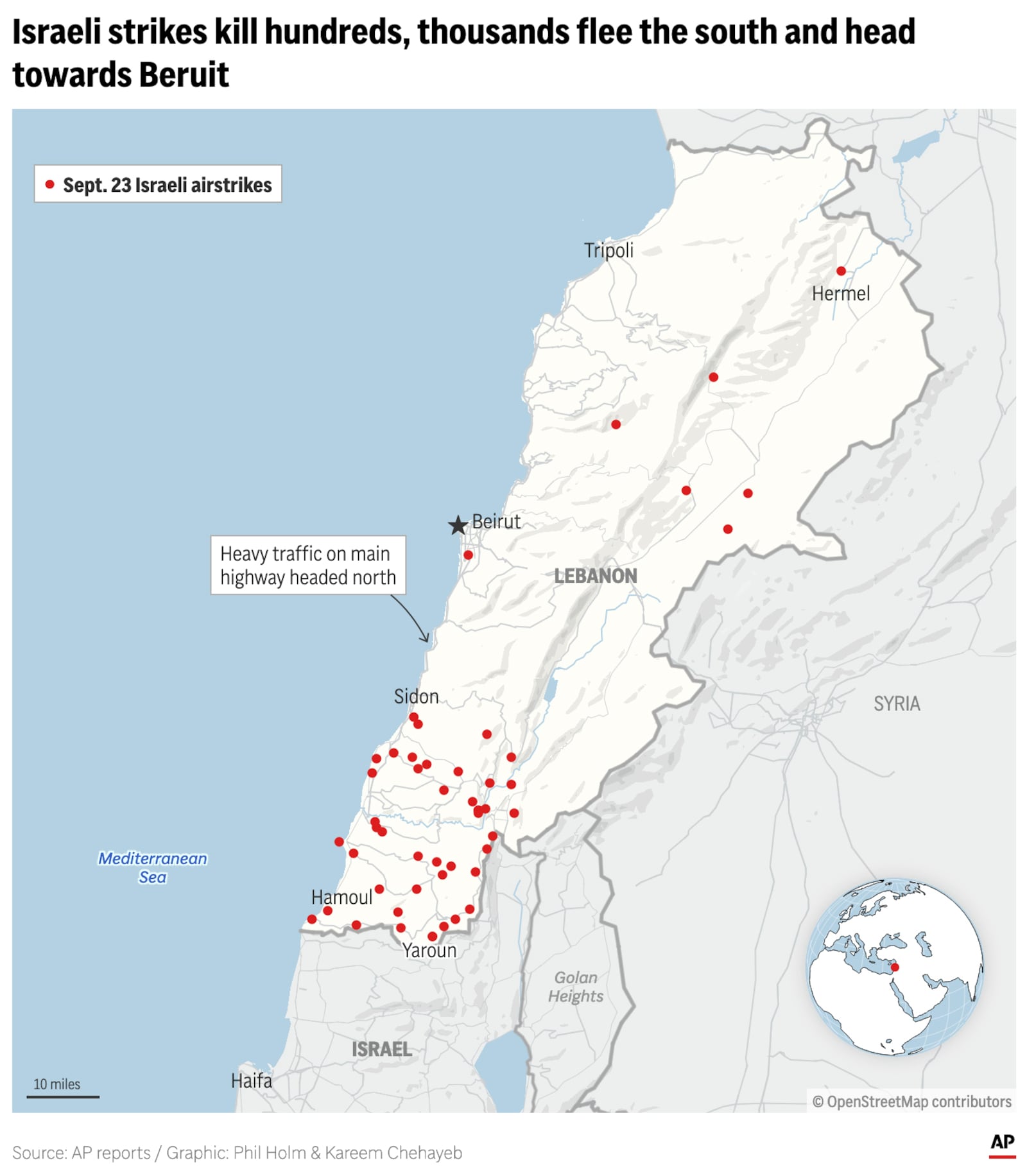 The map above shows the location of deadly Israeli strikes in Lebanon on September 23, 2024. (AP Digital Embed)