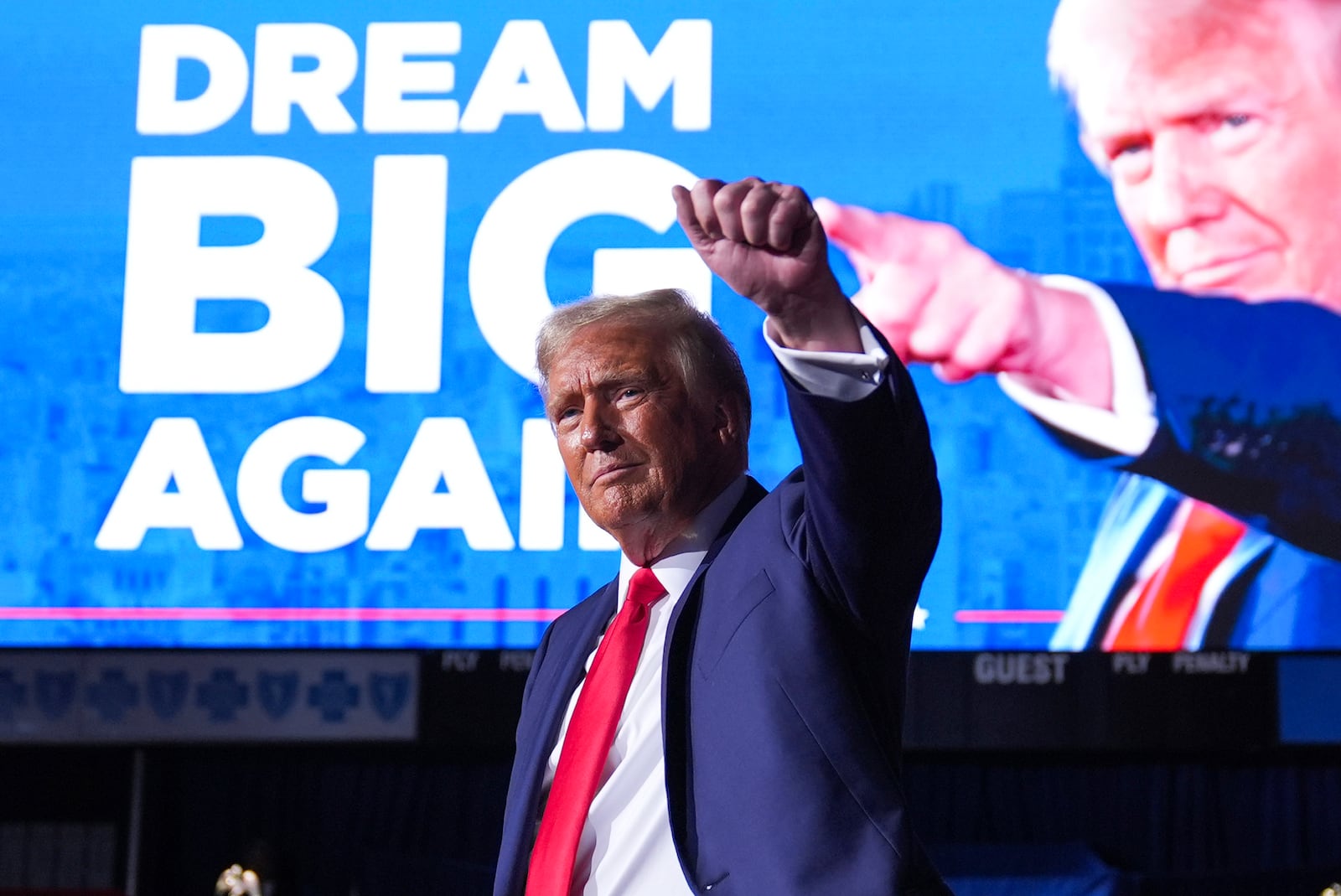 Republican presidential nominee former President Donald Trump gestures at a campaign rally at Van Andel Arena, Tuesday, Nov. 5, 2024, in Grand Rapids, Mich. (AP Photo/Evan Vucci)