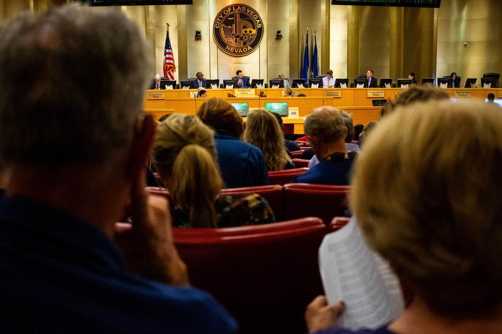 Members of The Church of Jesus Christ of Latter-day Saints wait to speak during a planning commission meeting at Las Vegas City Hall, May 14, 2024, as officials consider the church's plans to build a new temple near Las Vegas. (AP Photo/Ty ONeil)