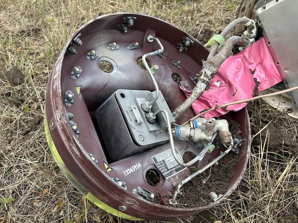 This photo released by Russian Defense Ministry official Telegram channel on Tuesday, Nov. 26, 2024, shows a fragment of a missile fired by Ukraine at the territory of Kursk airport in Russia. (Russian Defense Ministry Official Telegram Channel via AP)