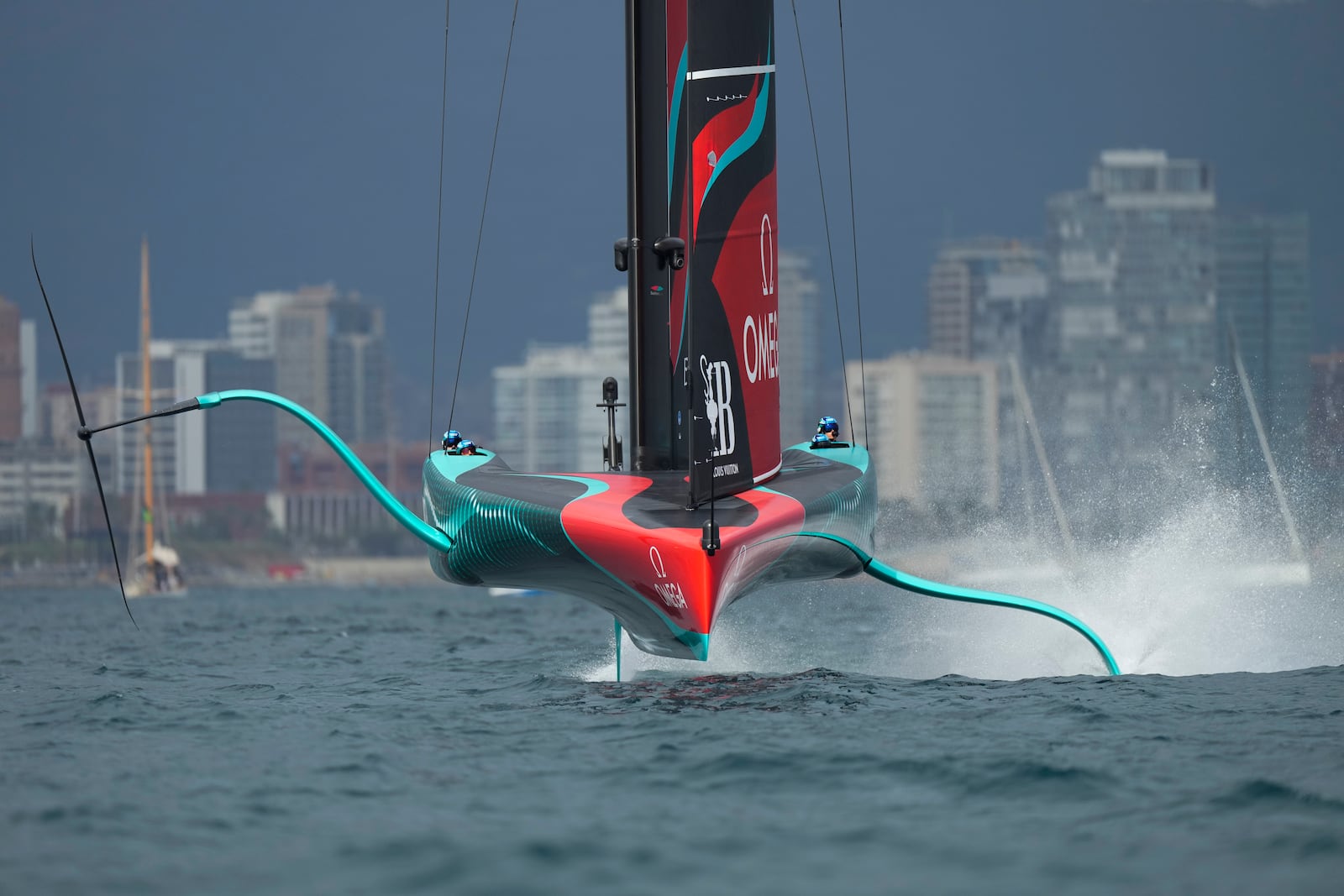 Emirates Team New Zealand races during the Louis Vuitton 37th America's Cup race in Barcelona, Spain, Saturday, Oct. 12, 2024. (AP Photo/Bernat Armangue)