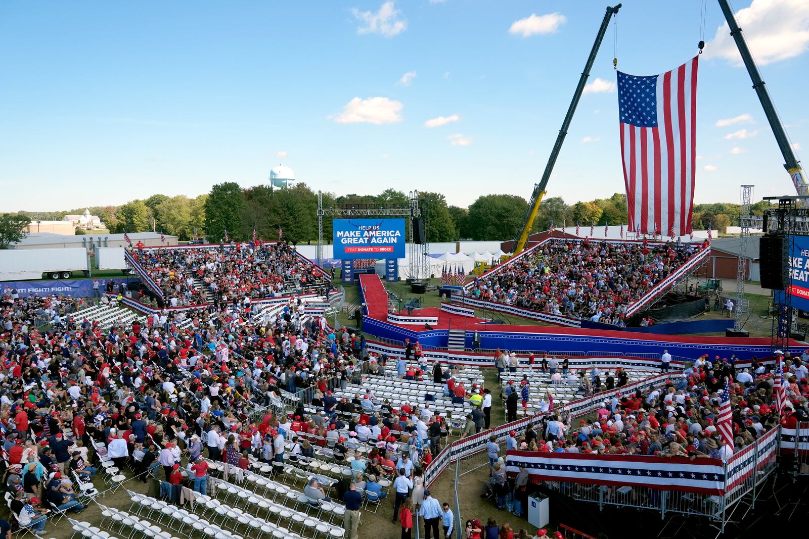 Supporters arrive before Republican presidential nominee former President Donald Trump speaks at a campaign event at the Butler Farm Show, Saturday, Oct. 5, 2024, in Butler, Pa. (AP Photo/Alex Brandon)