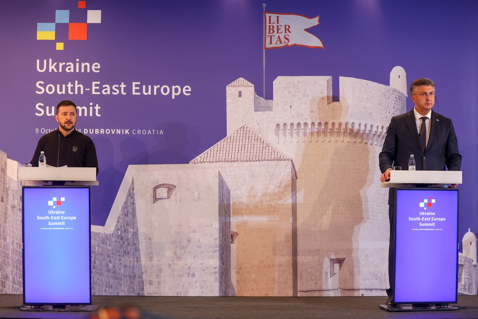 Ukrainian President Volodymyr Zelenskyy, left, and Croatian Prime Minister Andrej Plenkovic, attend a news conference after the Southeast Europe Croatia Ukraine summit in Dubrovnik, Croatia, Wednesday, Oct. 9, 2024. (AP Photo)