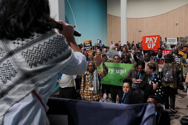 Activists participate in a demonstration at the COP29 U.N. Climate Summit, Saturday, Nov. 16, 2024, in Baku, Azerbaijan. (AP Photo/Peter Dejong)