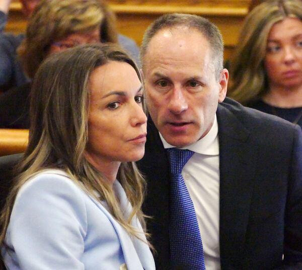 Karen Read listens to her defense attorney David Yannetti as her trial in Norfolk Superior Court, Wednesday, May 14, 2025, in Dedham, Mass. (Mark Chavous/Enterprise News via AP, Pool)