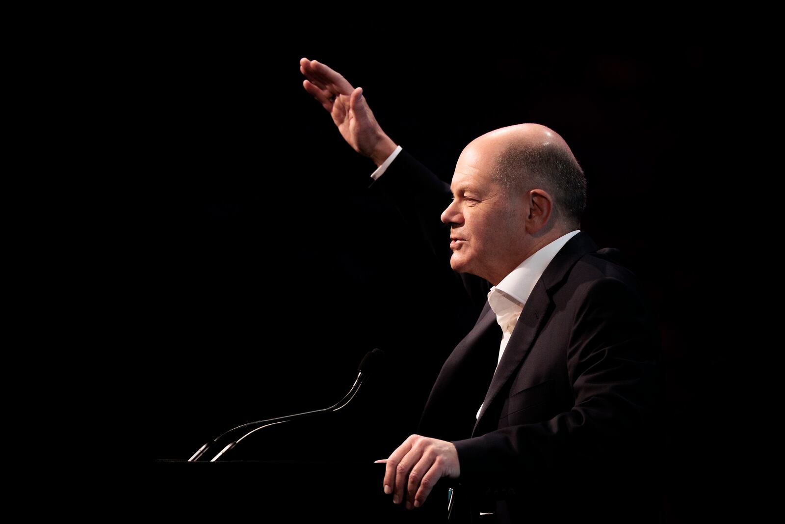 German Chancellor Olaf Scholz speaks to participants at the Deutsche Telekom AG forum, in Berlin, Thursday, Nov. 7, 2024. (Carsten Koall/dpa via AP)