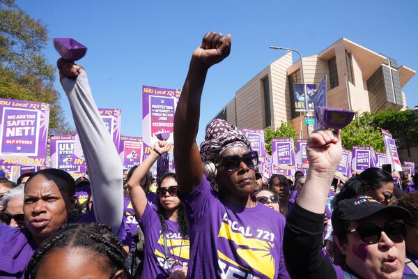 Los Angeles County workers rally to demand higher wages Tuesday, April 29, 2025, in Los Angeles. (AP Photo/Damian Dovarganes)