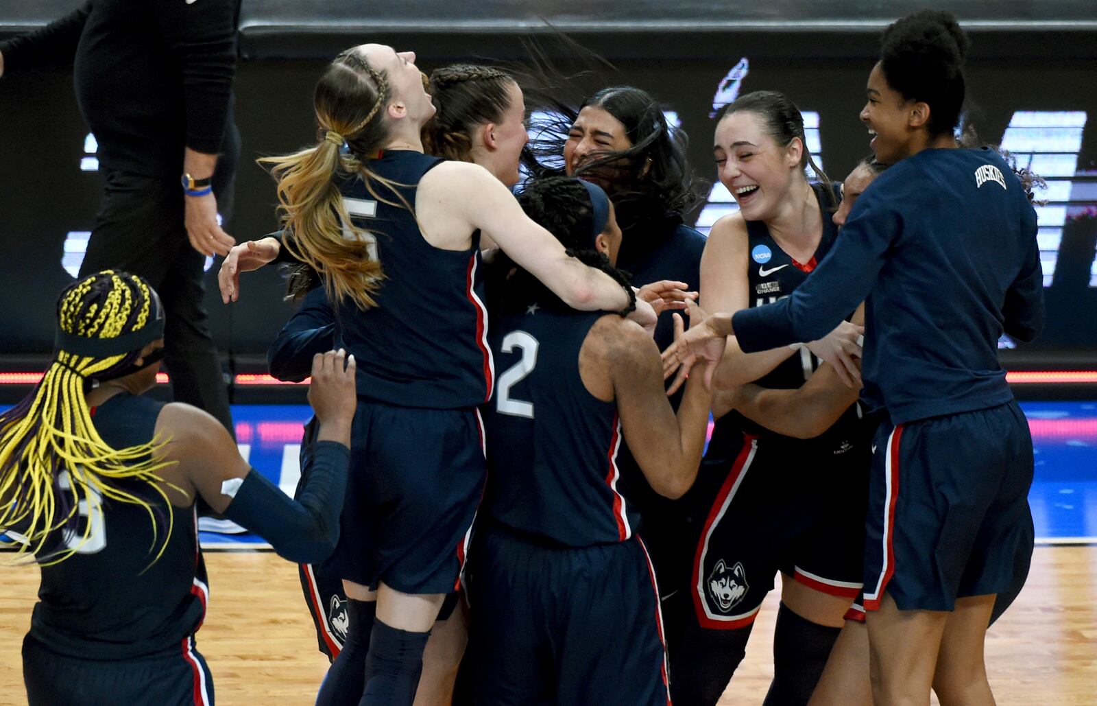 FILE - The UConn team celebrates after winning an Elite Eight college basketball game against Southern California in the women's NCAA Tournament, April 1, 2024, in Portland, Ore. (AP Photo/Steve Dykes, File)