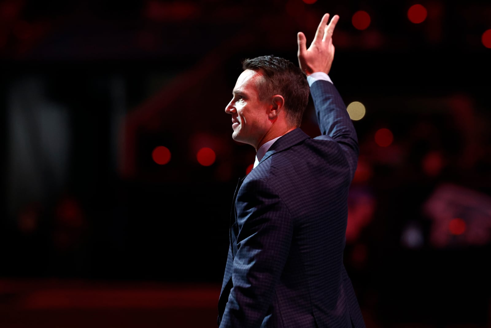 Former Atlanta Falcons quarterback Matt Ryan reacts as he is inducted in the Falcons' Ring of Honor during the first half of an NFL football game against the Tampa Bay Buccaneers Thursday, Oct. 3, 2024, in Atlanta. (AP Photo/Butch Dill)