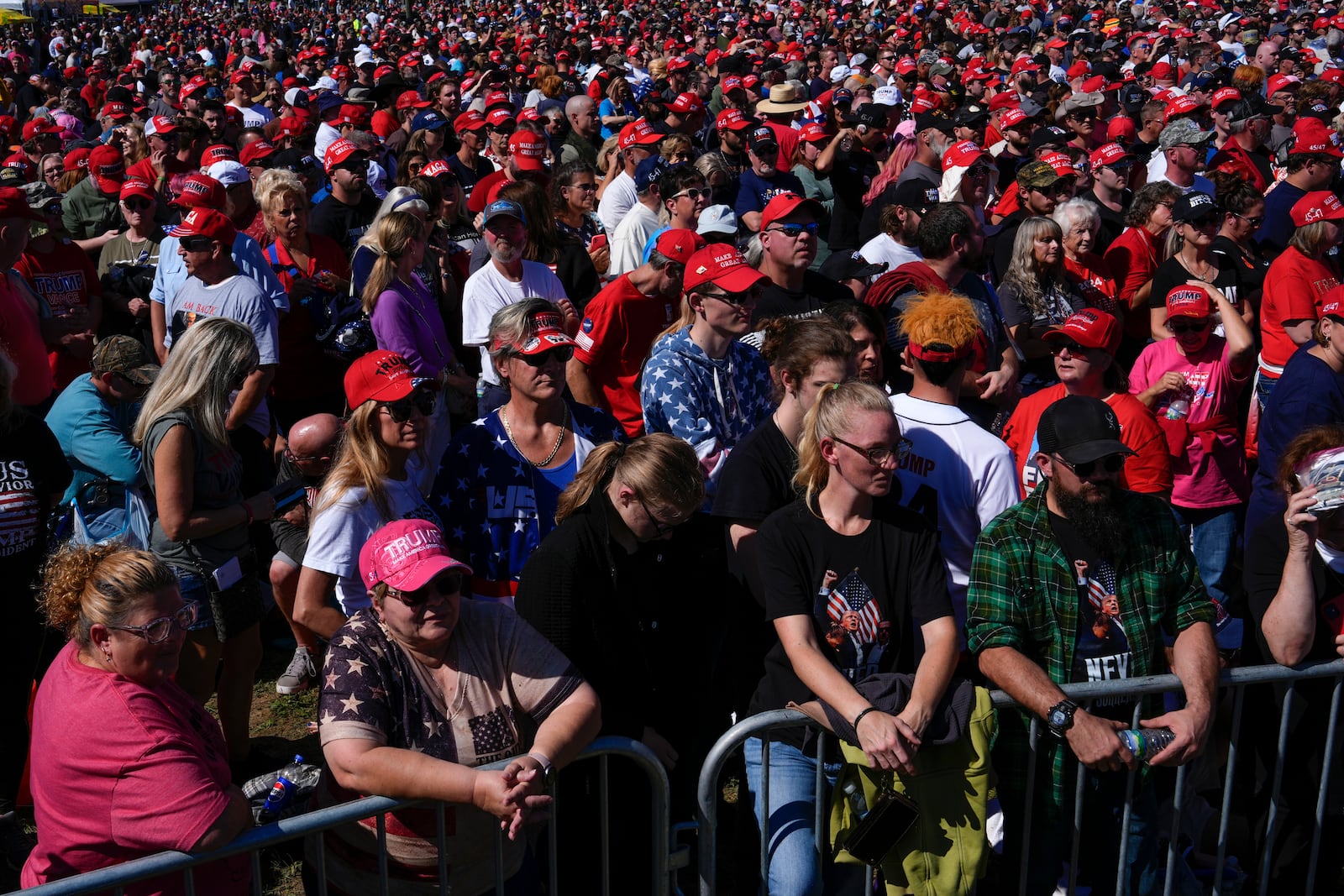 Supporters arrive before Republican presidential nominee former President Donald Trump speaks at a campaign rally at the Butler Farm Show, Saturday, Oct. 5, 2024, in Butler, Pa. (AP Photo/Julia Demaree Nikhinson)