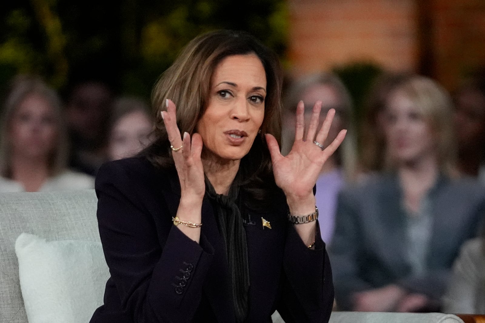 Democratic presidential nominee Vice President Kamala Harris speaks as she joins Oprah Winfrey at Oprah's Unite for America Live Streaming event Thursday, Sept. 19, 2024 in Farmington Hills, Mich. (AP Photo/Paul Sancya)