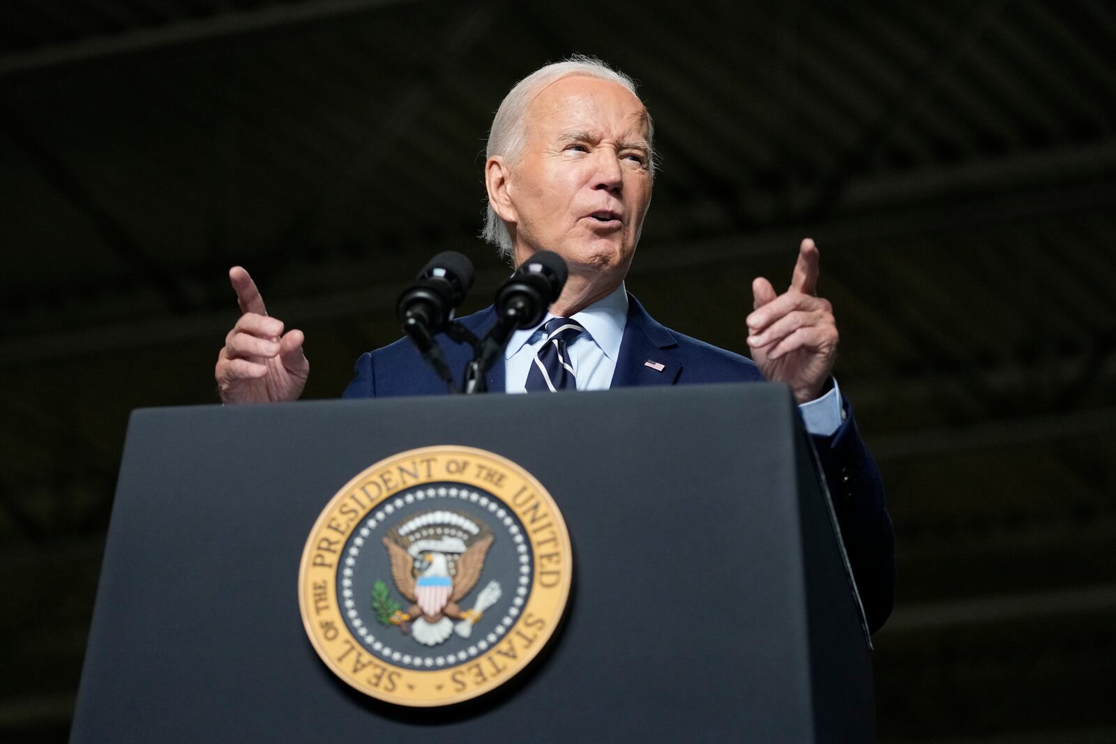 President Joe Biden speaks at an event at the Milwaukee Department of Public Works in Milwaukee, Tuesday, Oct. 8, 2024, to discuss his administration's progress in replacing lead pipes in Wisconsin and across the country. (AP Photo/Susan Walsh)