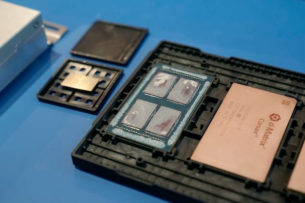 A display of d-Matrix Corsair chips and a package of 4 chips are shown in Santa Clara, Calif., Wednesday, Oct. 16, 2024. (AP Photo/Jeff Chiu)