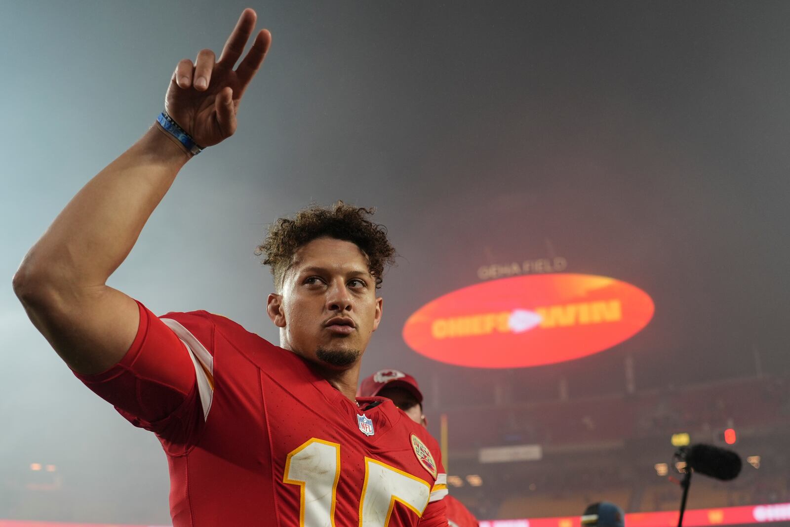 Kansas City Chiefs quarterback Patrick Mahomes (15) walks off the field after a win against the Tampa Bay Buccaneers in overtime of an NFL football game, Monday, Nov. 4, 2024, in Kansas City, Mo. (AP Photo/Charlie Riedel)