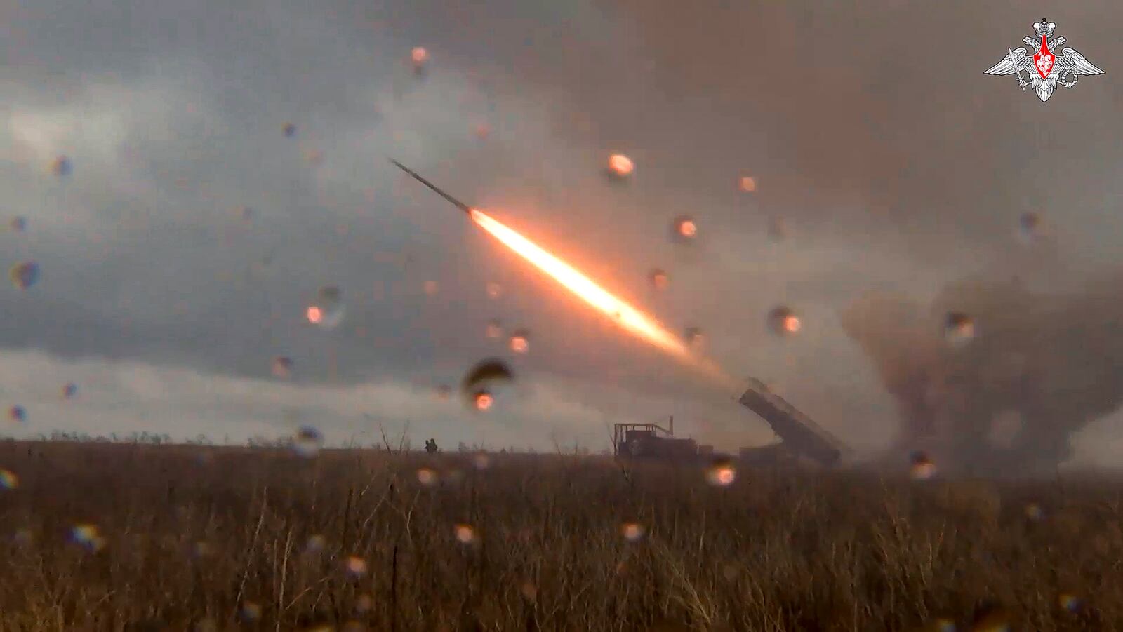 In this photo taken from video distributed by the Russian Defense Ministry Press Service on Wednesday, Oct. 30, 2024, a Russian self-propelled multiple rocket launcher Uragan (Hurricane) fires toward Ukrainian position at an undisclosed location in Ukraine. (Russian Defense Ministry Press Service via AP)