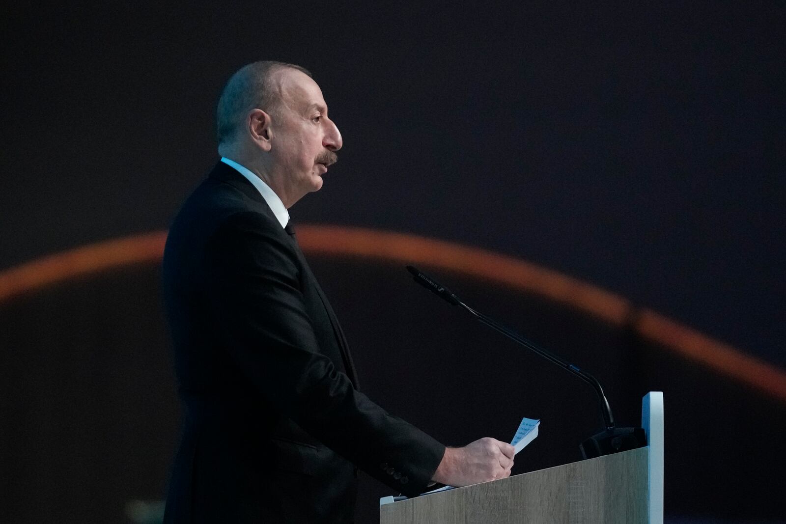 Ilham Aliyev, Azerbaijan president, speaks during a plenary session at the COP29 U.N. Climate Summit, Tuesday, Nov. 12, 2024, in Baku, Azerbaijan. (AP Photo/Rafiq Maqbool)