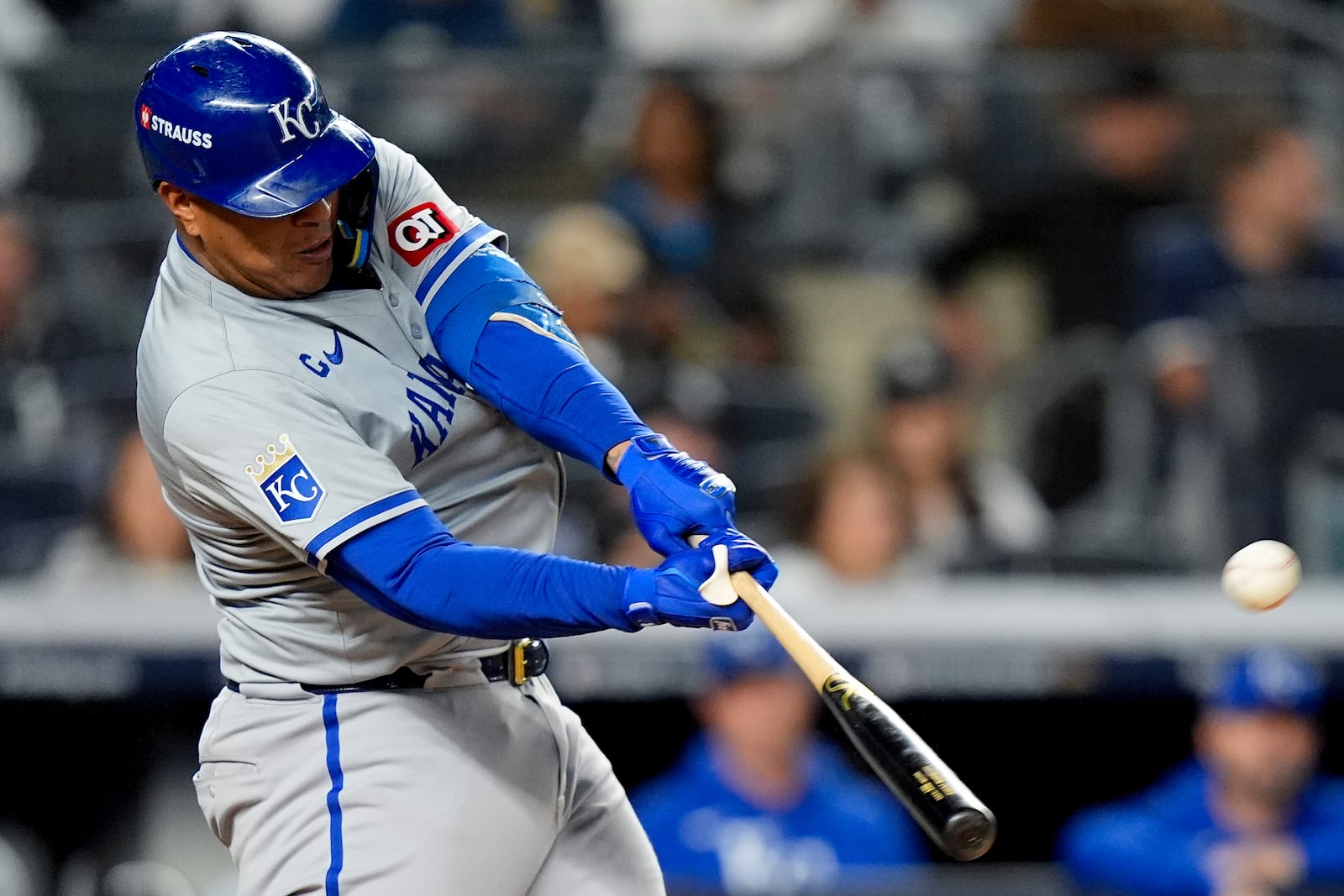 Kansas City Royals' Salvador Perez (13) connects for a solo home run against the New York Yankees during the fourth inning of Game 2 of the American League baseball playoff series, Monday, Oct. 7, 2024, in New York. (AP Photo/Frank Franklin II)