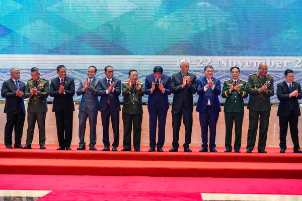 From left, Brunei's Defense Minister II Halbi bin Haji Mohd Yussof, Cambodian Defense Minister Tea Seiha, Indonesian Vice Defense Minister Donny Ermawan Taufanto, Myanmar's director of Defense Ministry's International Affairs Department Zaw Naing Win, Malaysian Defense Minister Mohamed Khaled Nordin, Laos' Defense Minister Chansamone Chanyalath, Philippine Defense Undersecretary Ignacio Florante Madriaga, Singaporean Defense Minister Ng Eng Hen, Thai Defense Minister Phumtham Wechayachai, Vietnamese Defense Minister Phan Van Giang, East Timor Chief of Defense Force Domigos Raul and ASEAN Secretary General Kao Kim Hourn pose for a group photo during the Association of Southeast Asian Nations (ASEAN) defense ministers' meeting in Vientiane, Laos, Wednesday, Nov. 20, 2024. (AP Photo/Anupam Nath)