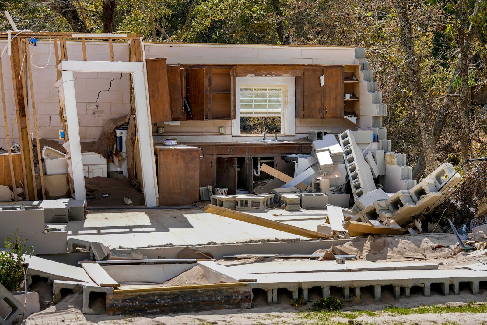 Damaged to one of the White family's homes that was destroyed by Hurricane Helene is seen, Tuesday, Oct. 1, 2024 in Morganton, N.C. The adjacent Catawba River flooded due to torrential rains destroying seven of the family's nine homes on the property. (AP Photo/Kathy Kmonicek)