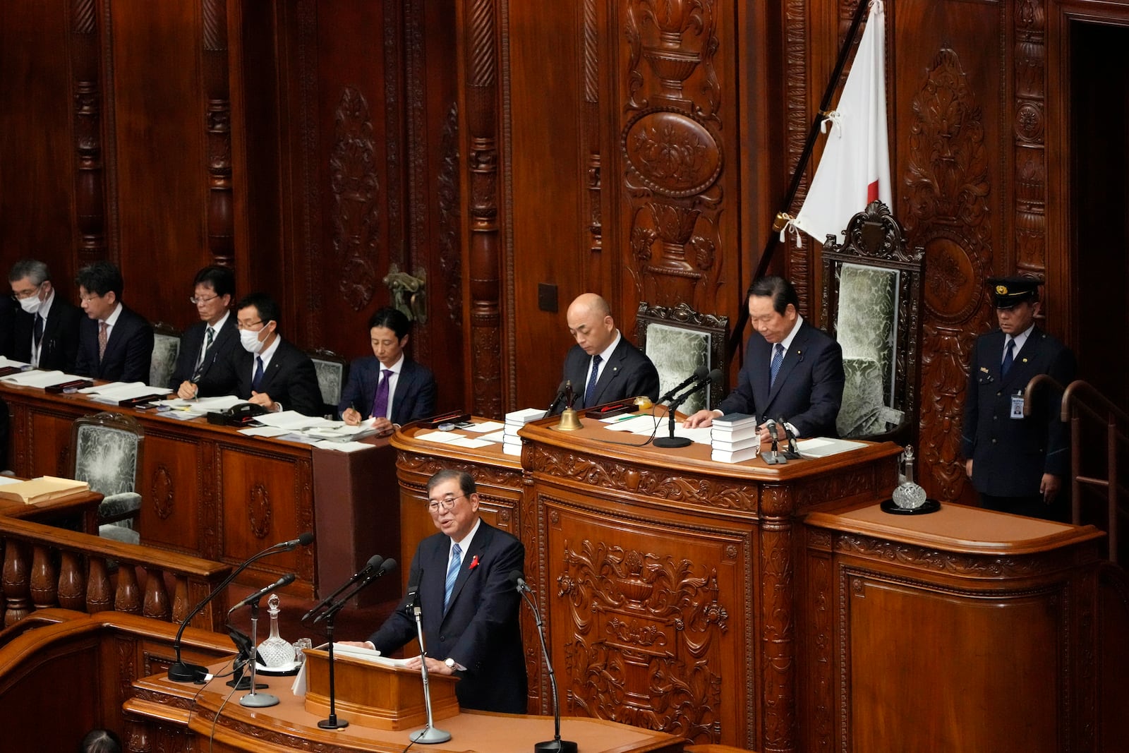 Japanese Prime Minister Shigeru Ishiba delivers his first policy speech during a Diet session at the Lower House of the Parliament Friday, Oct. 4, 2024, in Tokyo. (AP Photo/Eugene Hoshiko)