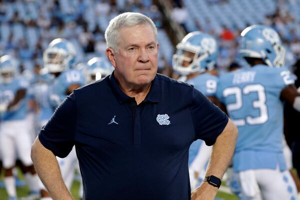 FILE - North Carolina head coach Mack Brown before an NCAA college football game against Miami in Chapel Hill, N.C., Saturday, Sept. 7, 2019. (AP Photo/Chris Seward, File)