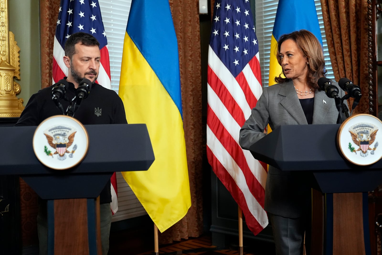 Vice President Kamala Harris meets with Ukraine's President Volodymyr Zelenskyy, Thursday, Sept. 26, 2024, in the vice president's ceremonial office inside the Eisenhower Executive Office Building on the White House complex in Washington. (AP Photo/Jacquelyn Martin)